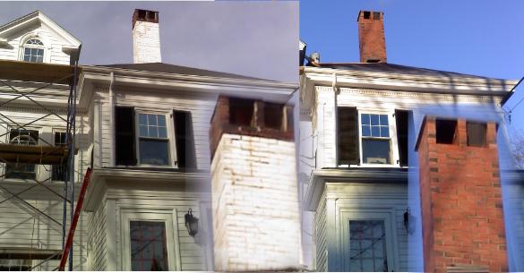 brick chimney replacement, before and after, by RL Sanborn Masonry, brick chimney contractor, Portland, Maine.