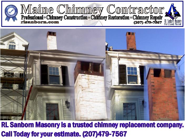 Professional chimney construction, chimney restoration, chimney repair. The chimney pictured was replaced from the roofline up. A new stone cap was installed upon new brick piers.RL Sanborn Masonry is a trusted chimney replacement contractor and stone chimney cap installer .